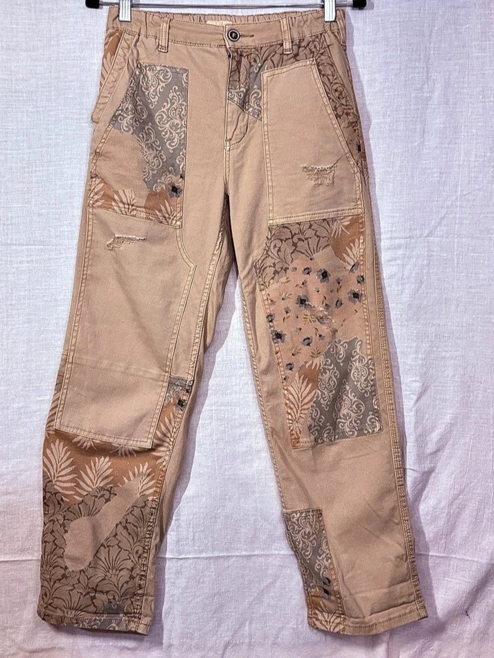 Pilcro Anthropologie The Roamer Straight Leg Floral Patch Distressed Pants Brown